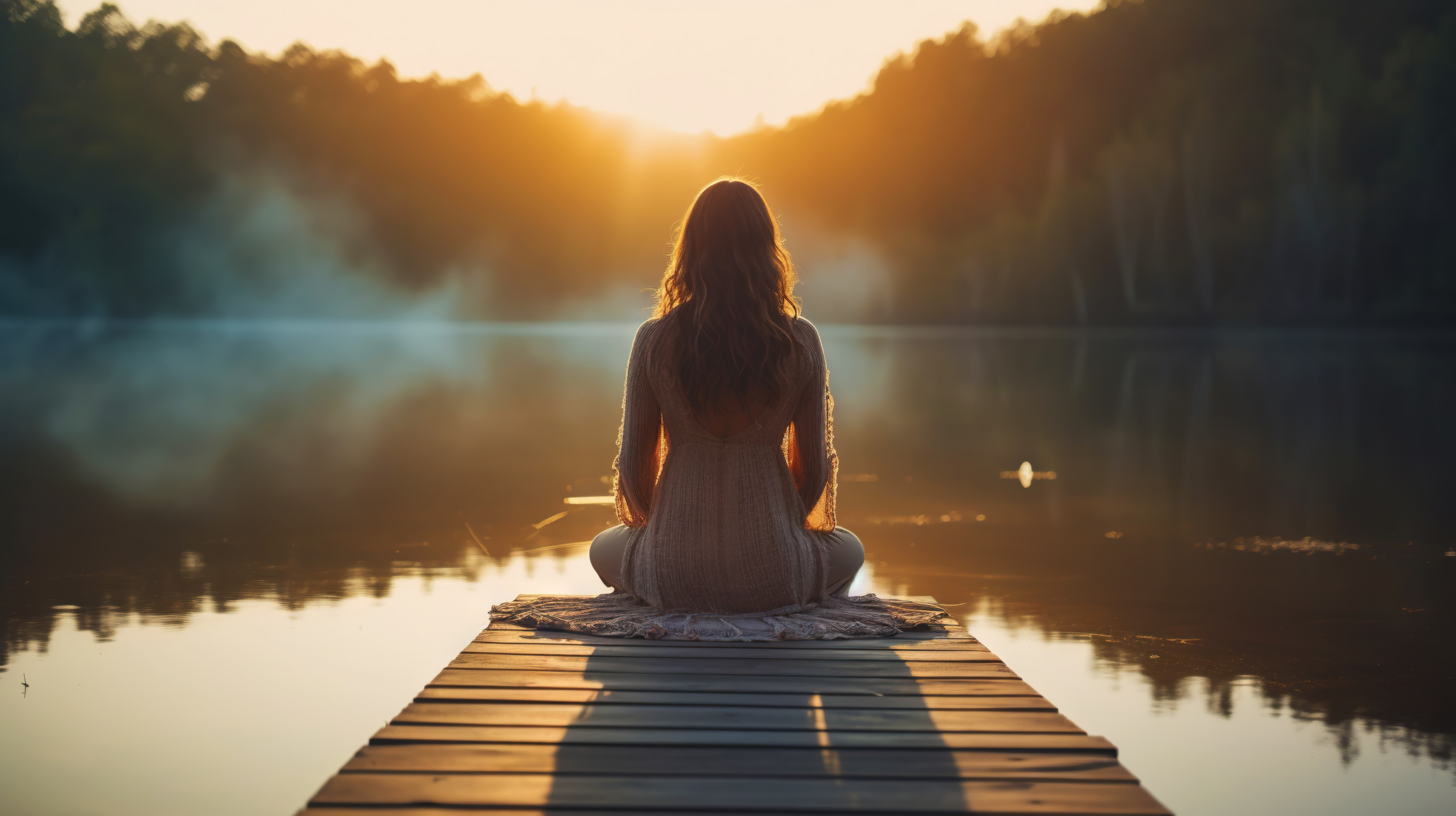Frau am See meditiert