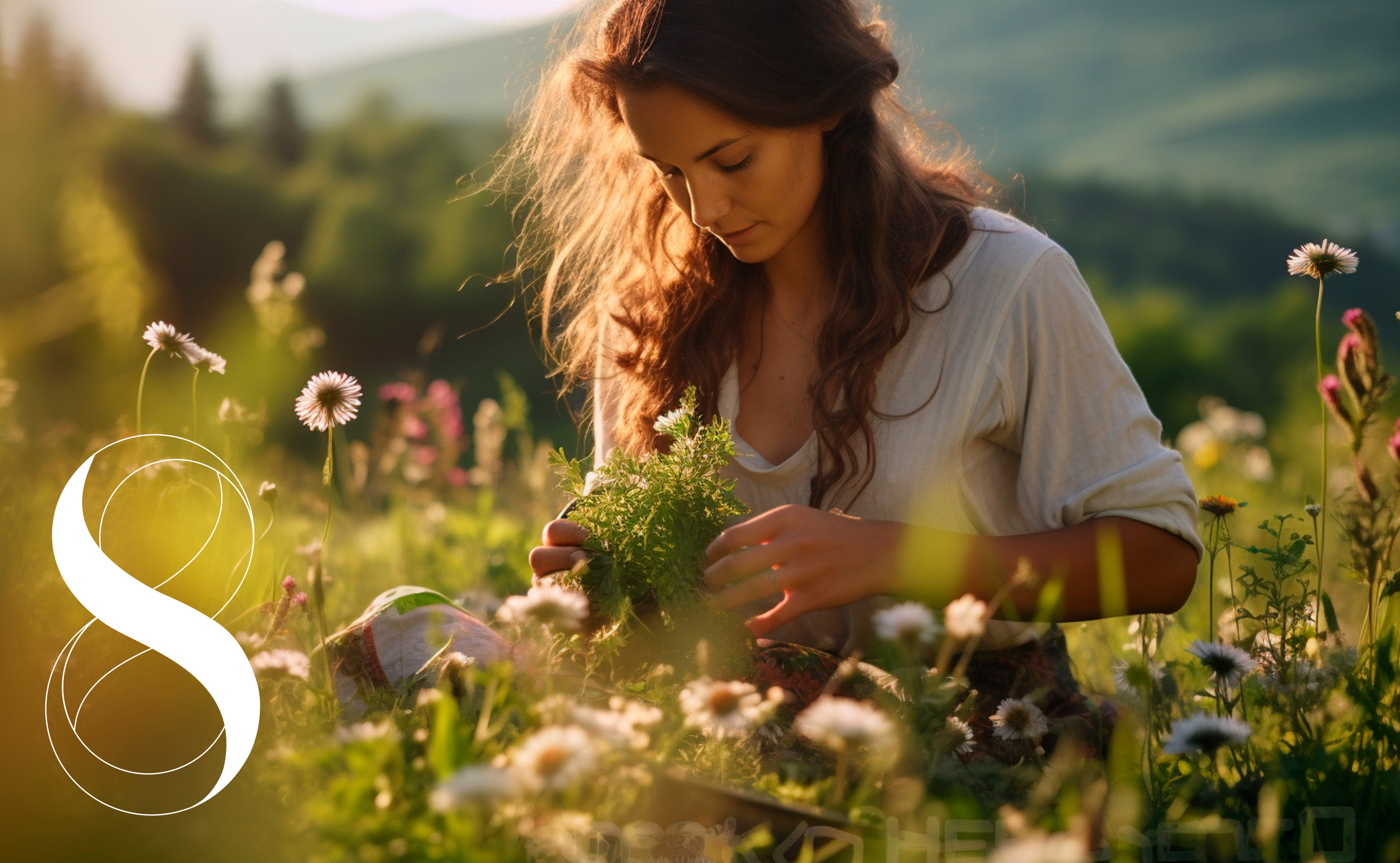 Eine Frau mit langen braunen Haaren sammelt frische Wildkräuter in einer blühenden Sommerwiese vor idyllischer Berglandschaft. Ein Symbolfoto von LIFE LIGHT für die Kraft der Alpensegen Kräuteressenzen.