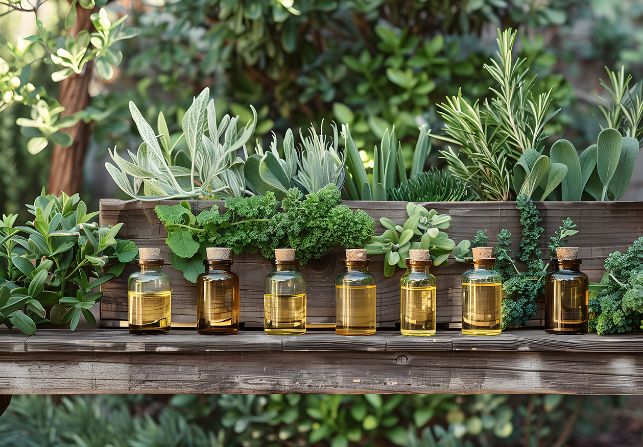 Sieben kleine Flaschen mit goldenem Öl stehen vor einem Holzkasten, der mit verschiedenen frischen Kräutern gefüllt ist.