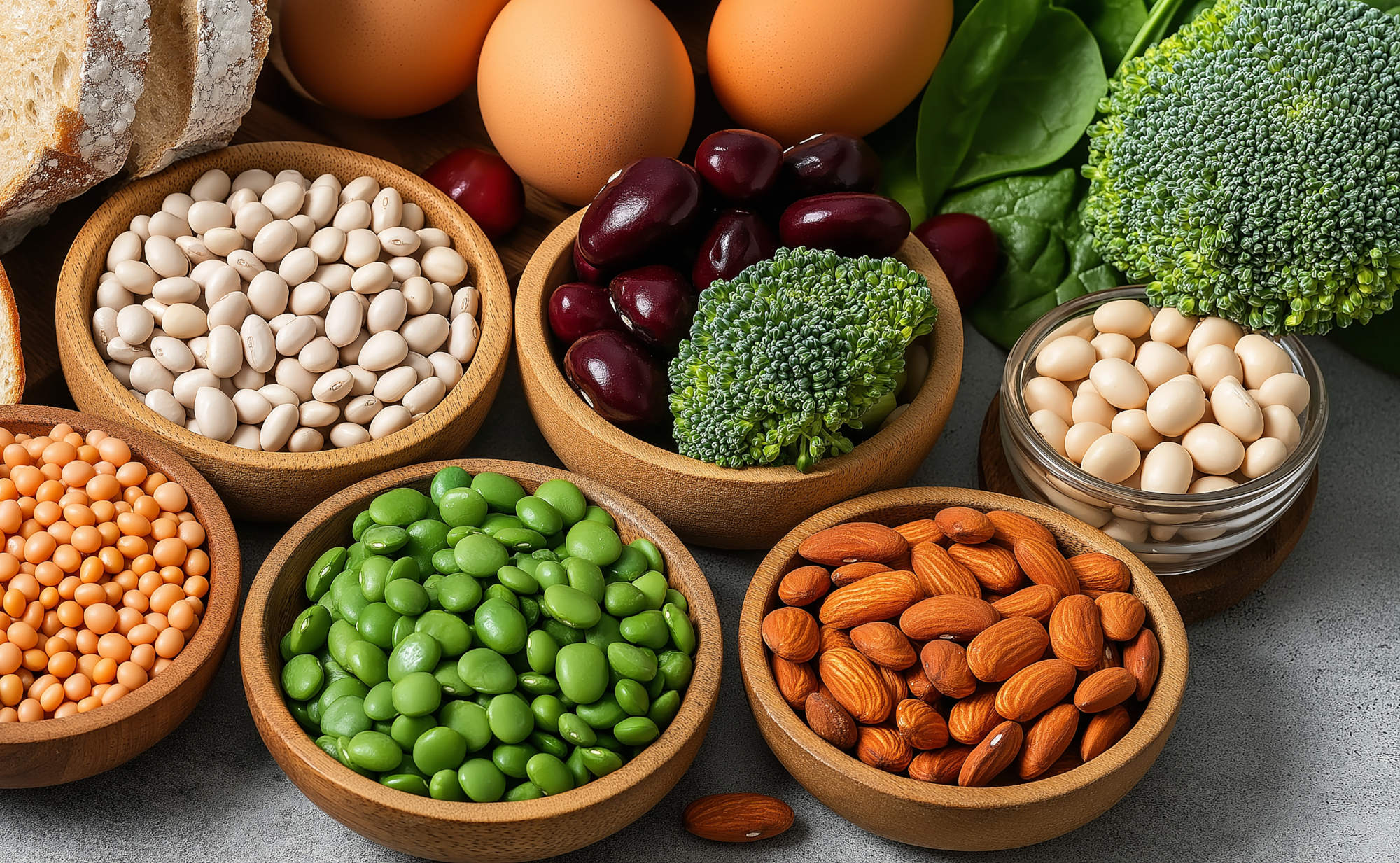 Mehrere Holzschalen sind mit Bohnen, Linsen, Edamame, Mandeln, Brokkoli, Spinat und Eier gefüllt, sie symbolisieren Lebensmittel, die reich sind an Spermidin.